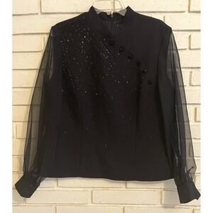 Liz Claiborne Night Black‎ Formal Top with Sheer Sleeves & Beaded Size 14